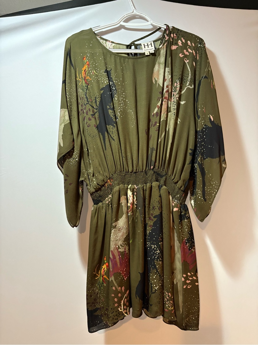 Haute Hippie Olive Green Floral Tie-Back Mini Dress